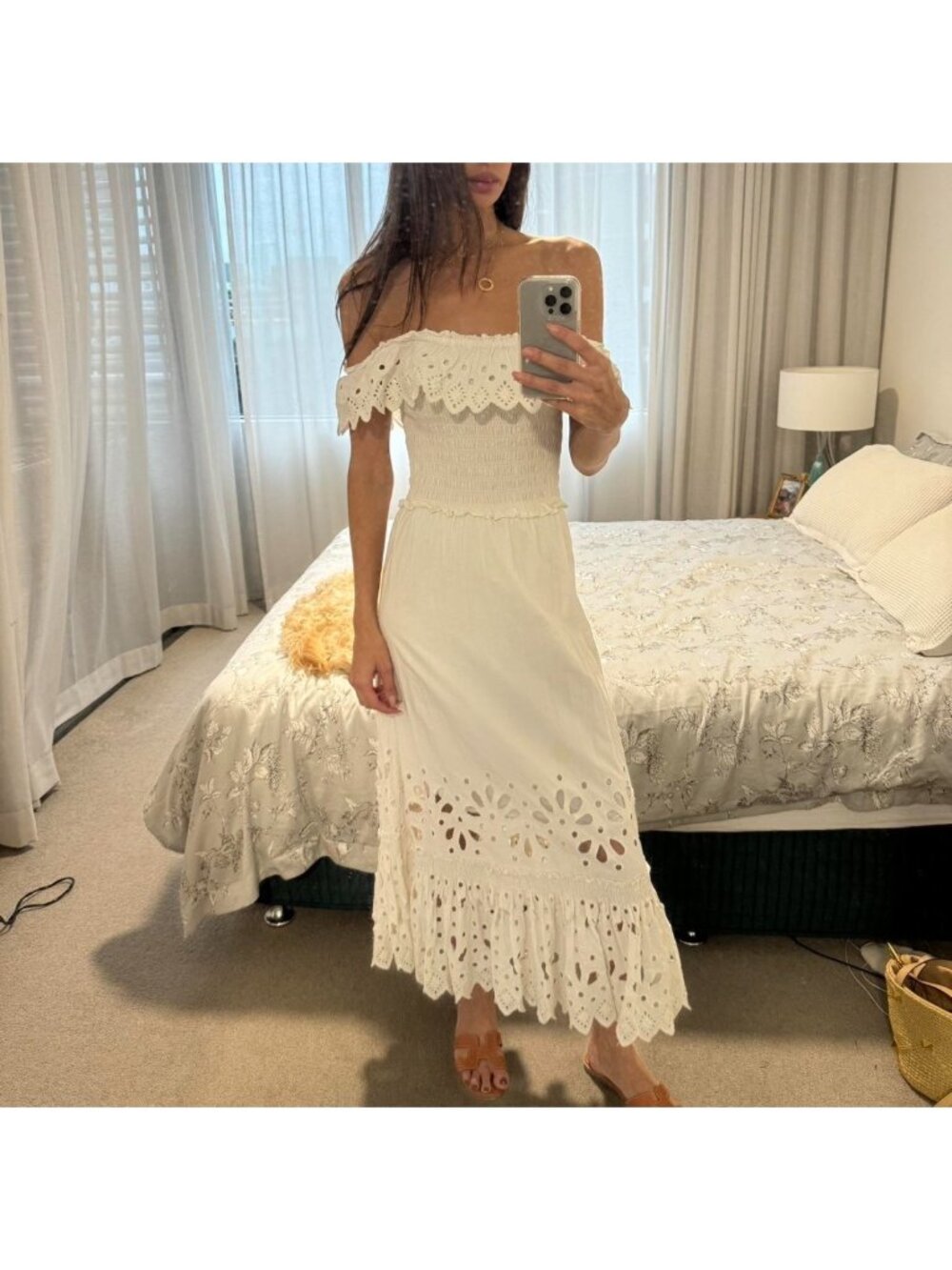 Sea New York Hazel Eyelet Smocked Ruffle White Midi Dress Women’s Size XXS